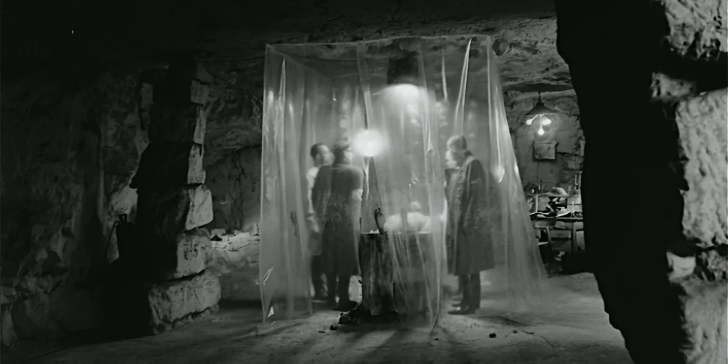 Underground lab, officers and scientists with clone on operating table, Frankenstein vibe, black and white, 88 short film