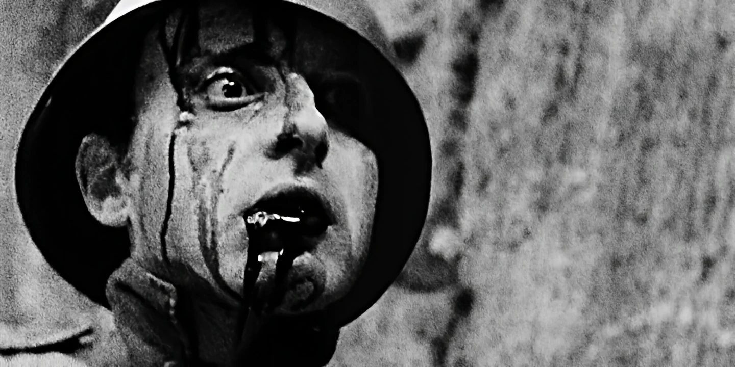 Close-up of helmeted soldier spitting blood in forest, black and white, zombie style, GAS short film