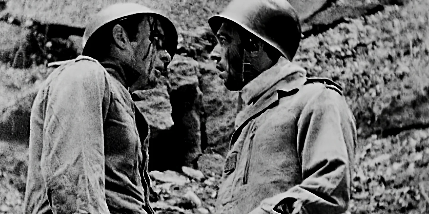 Face-to-face close-up of two helmeted soldiers confronting each other in forest, black and white, zombie style, GAS short film