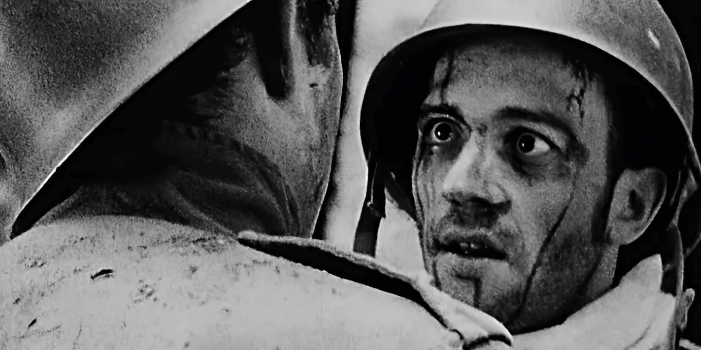 Two soldiers facing each other with bloodied lost faces, zombie style, GAS short film