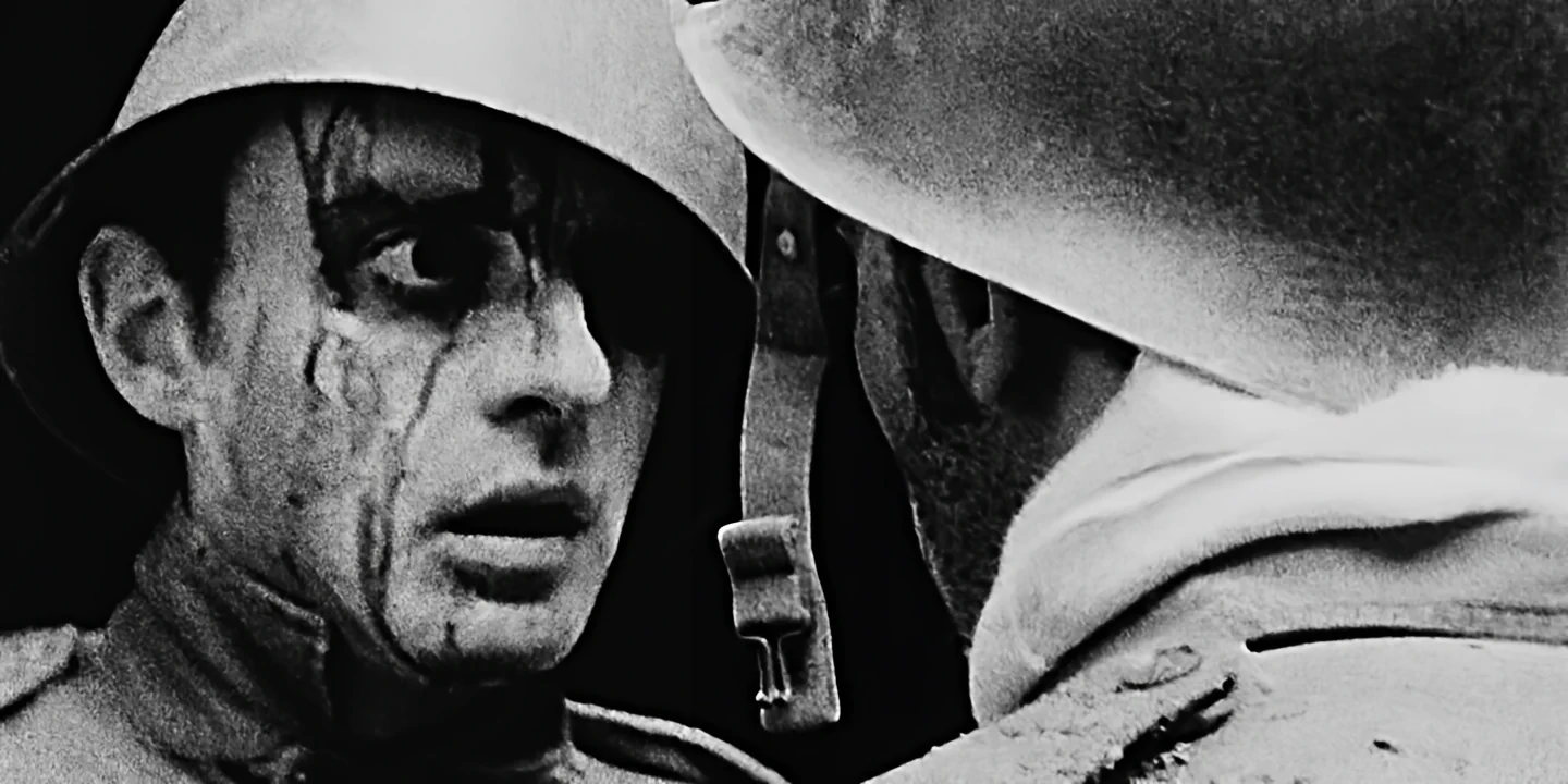 Two soldiers facing each other with bloodied lost faces, zombie style, GAS short film