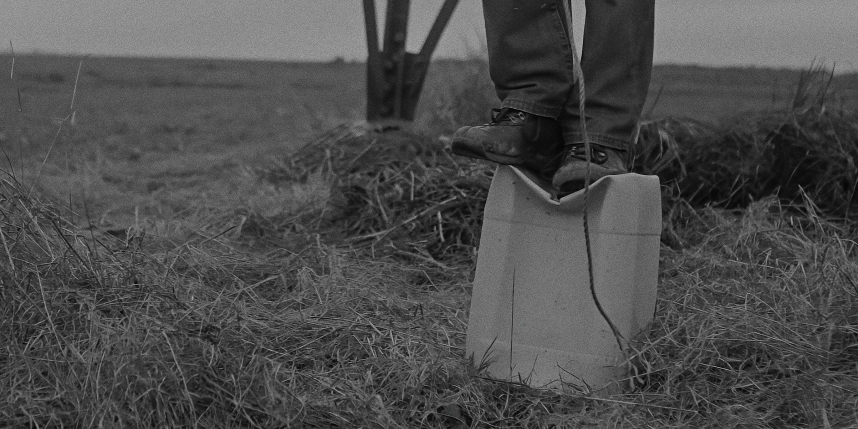 Close-up of legs on barrel in countryside with pylons, grass blowing, black and white, reminiscent of Hopper’s solitude, Twice as Far