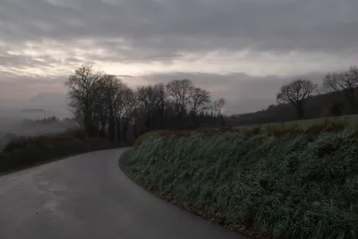 A winding country road at dusk under a pastel pink sky, Brittany, France